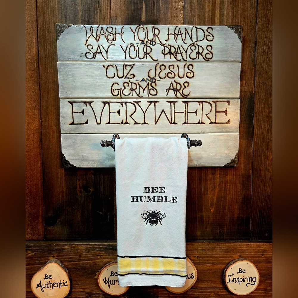 Hand Towel Holder-Towel Is Only An Example. Distressed White. Hand-Burned Words!